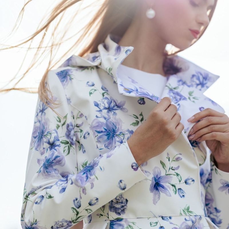 Thumbnail of White Jacket With Detachable Hood And Blue Flower Print: Blue Whisper image
