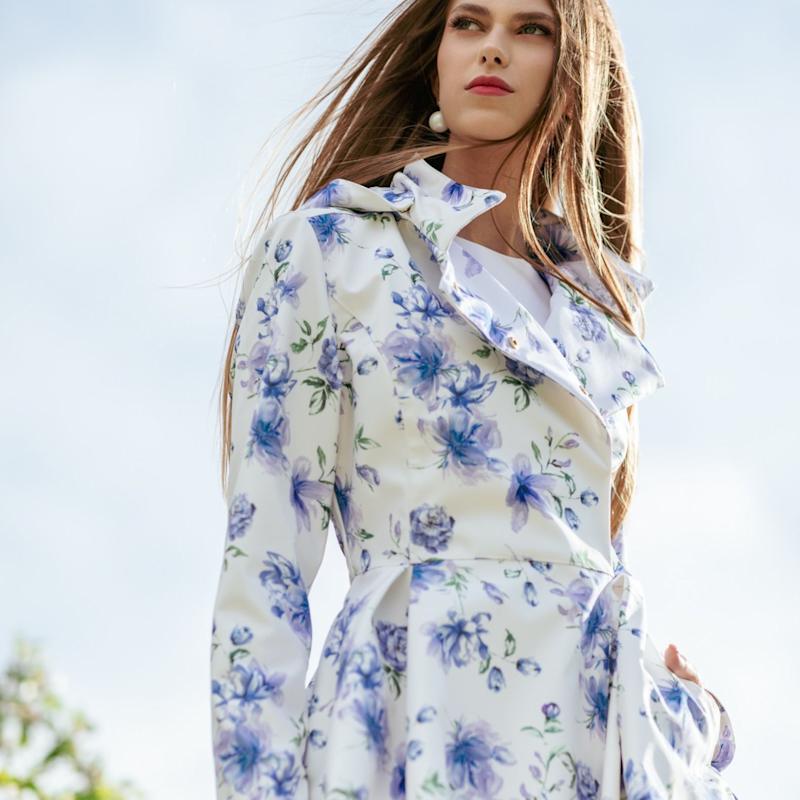 White Jacket With Detachable Hood And Blue Flower Print