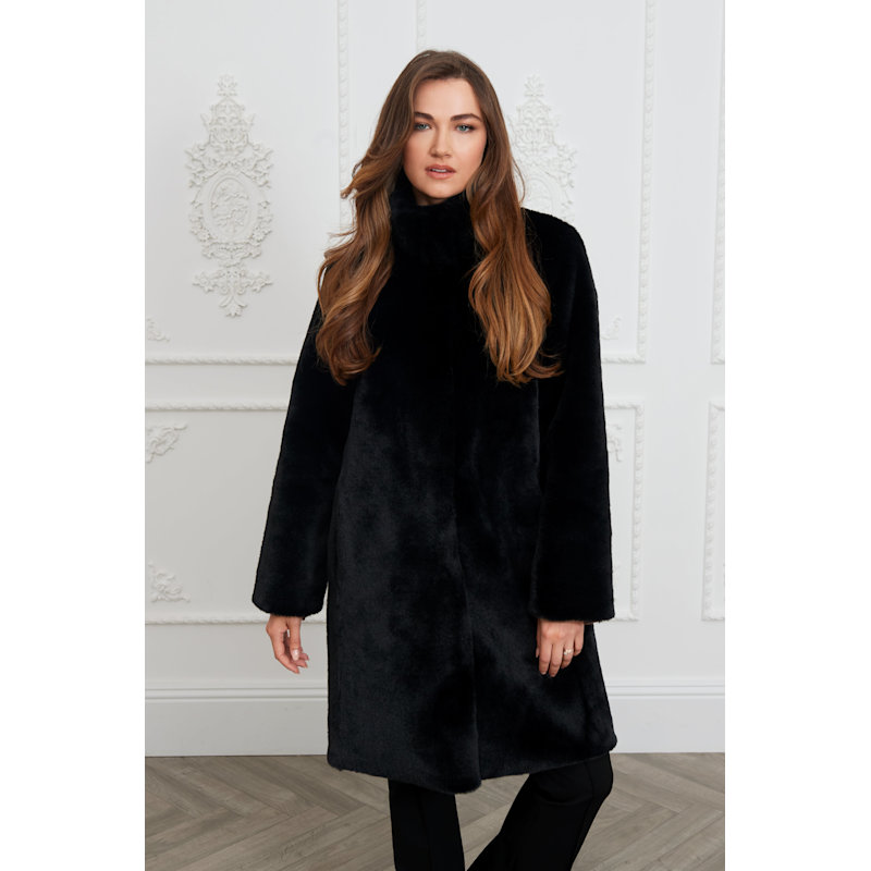 Jackie Faux Fur Shearling Coat Black | ISSY LONDON | Wolf & Badger