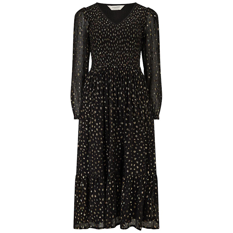 Jacqueline Shirred Midi Dress Black, Metallic Spot by Sugarhill Brighton