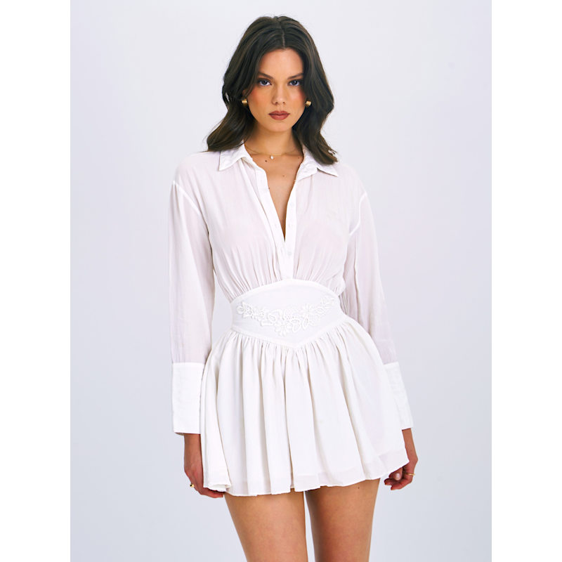 Thumbnail of Jamila White Shirt Mini Dress With Embroidered Waist Detail image