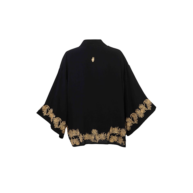 Japanese Pine Needle Embroidered Black & Gold Fully Lined Short