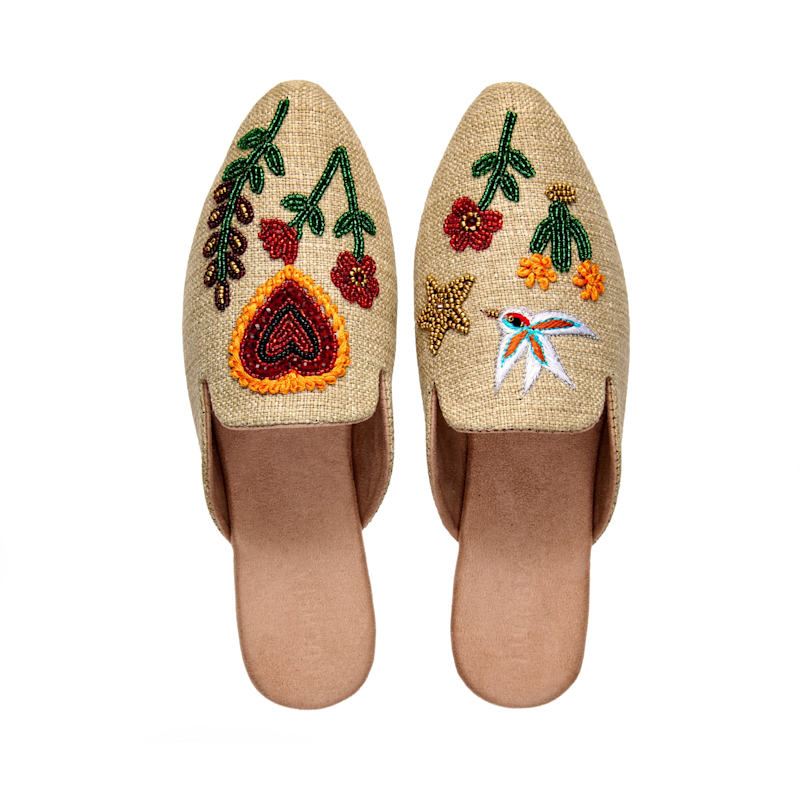 Thumbnail of Jardin Jute - Vegan Handmade Artisanal Embroidered Jute Pointed Toe Mules By Fuchsia Shoes image