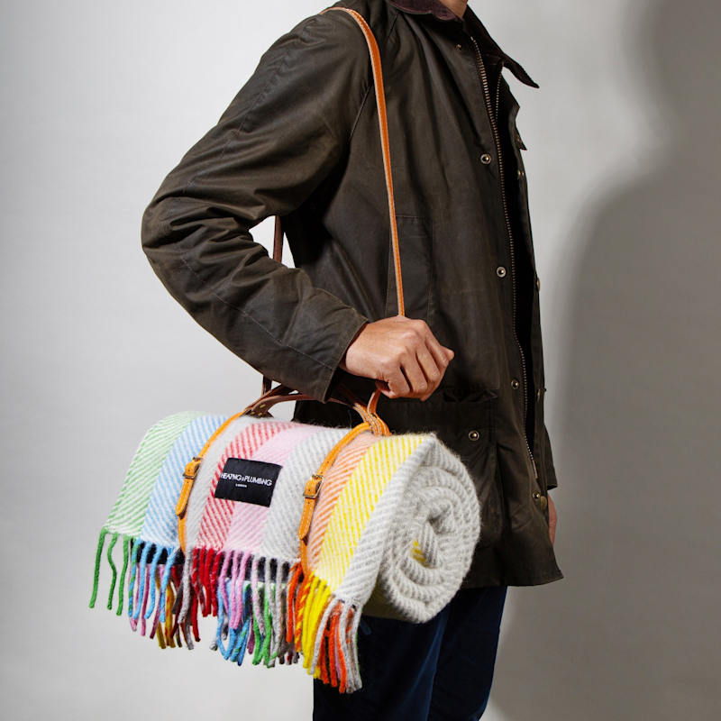 Thumbnail of Pure New Wool Waterproof Picnic Blanket - Rainbow - Orange Strap image