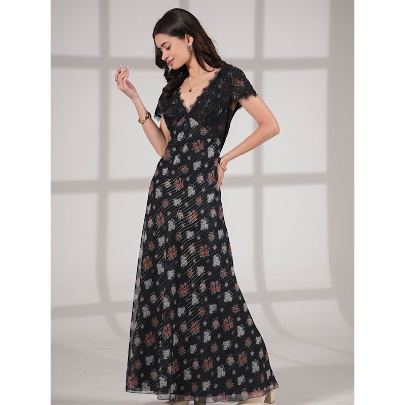 Thumbnail of Jess Lace Trim Navy And Black Floral Maxi image