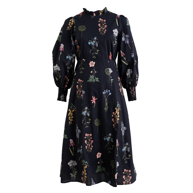Jessie Flower Press Print Frill Neck Midi Dress | Louche | Wolf