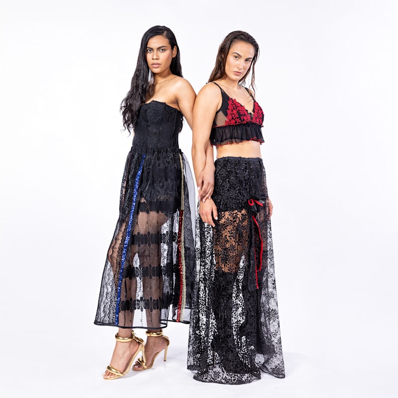 Thumbnail of Lalalu - Black Multi Lace And Chiffon Skirt With Sequinned Embellishments image
