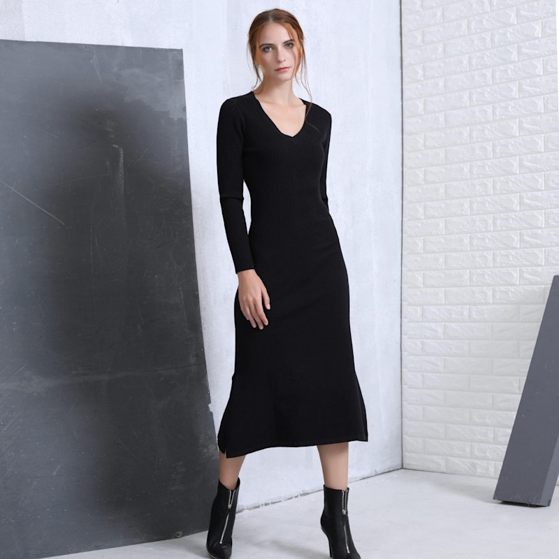 Slim V-Neck Sweater Midi Dress- Black | Smart and Joy | Wolf & Badger