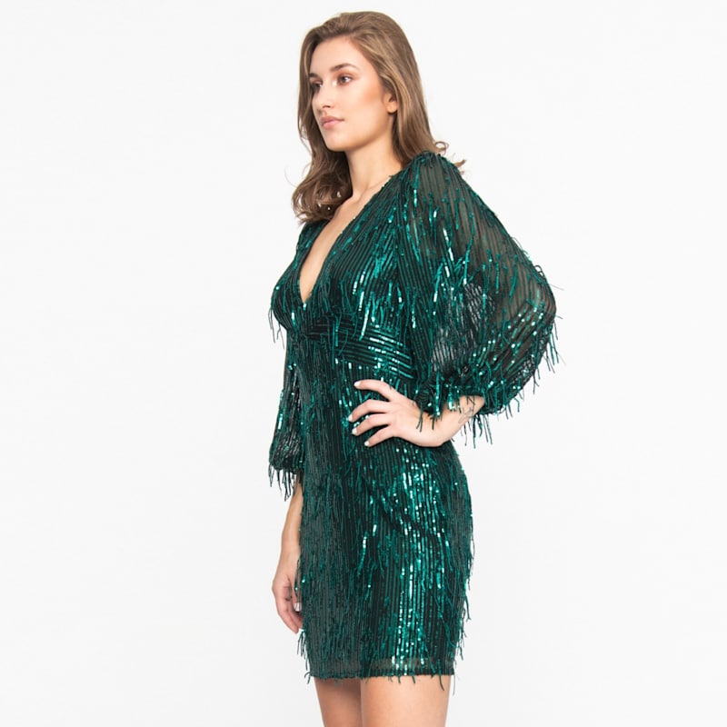 sachin and babi light blue dress Wrap Dress Green Mini Dress Long Sleeve Sparkly Darling Emerald Green Sequin  Long Sleeve Wrap Dress