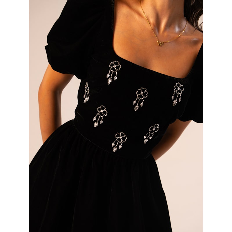 Thumbnail of Jolene Black Hand Embellished Square Neck Velvet Mini Dress image