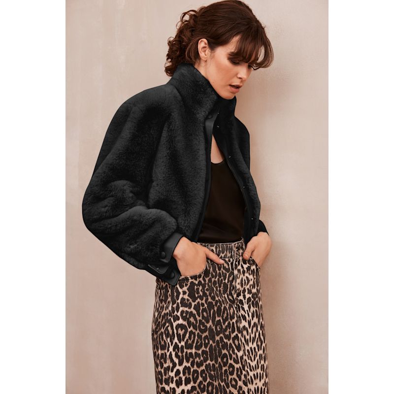 Jolie Bomber Jacket Vegan Luxe Pile Faux Fur Black | ISSY LONDON