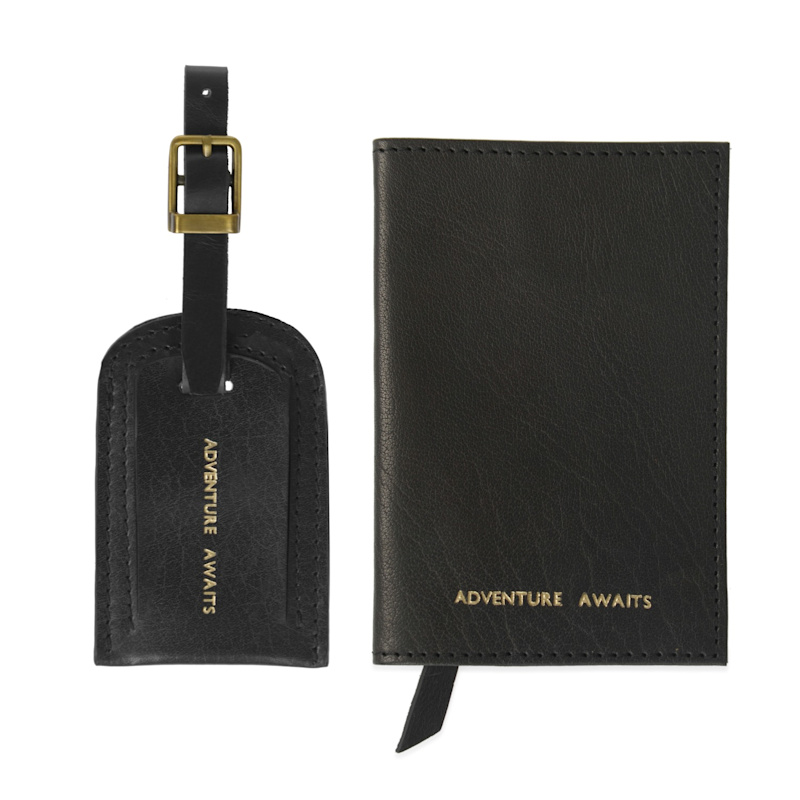 Thumbnail of Adventure Awaits Black Leather Passport Cover & Luggage Tag Set image