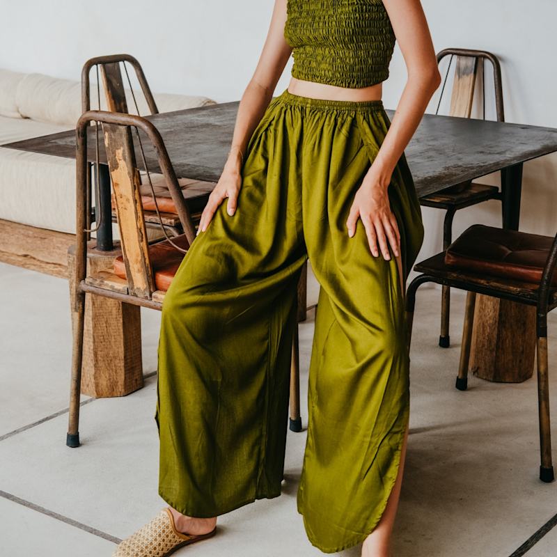 Judith Side Split Pants With Matching Tube Top Set In Olive