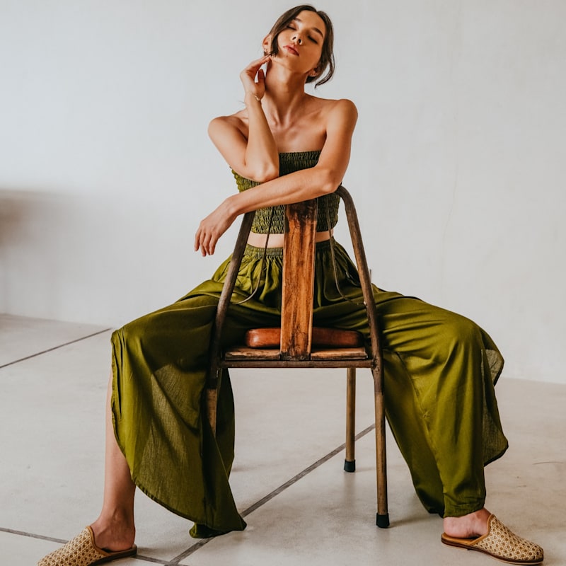 Judith Side Split Pants With Matching Tube Top Set In Olive