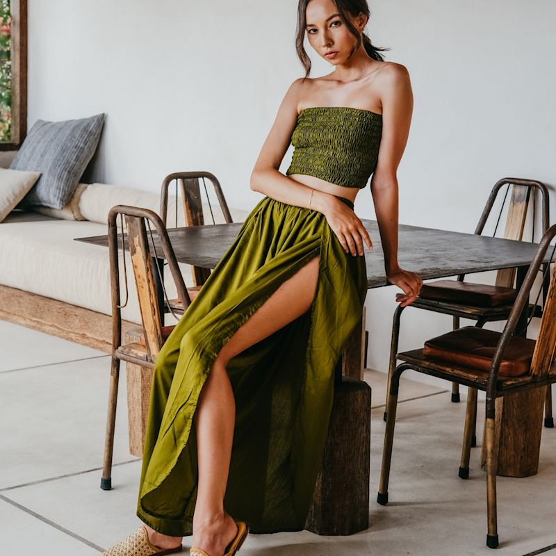 Judith Side Split Pants With Matching Tube Top Set In Olive