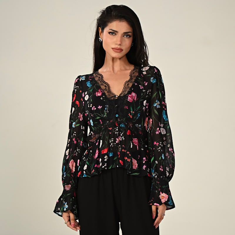 Juliette Black Floral Lace Trim Blouse | Rose & Nancy | Wolf & Badger