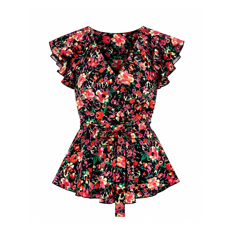 Thumbnail of Juniper Black Floral  Frill Detail Wrap Peplum Top image