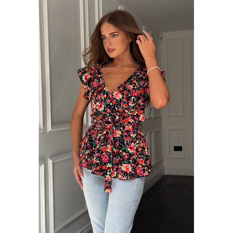Thumbnail of Juniper Black Floral  Frill Detail Wrap Peplum Top image