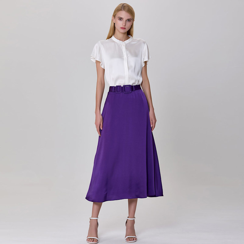 Thumbnail of Wide Belt Flared Skirt -Purple image
