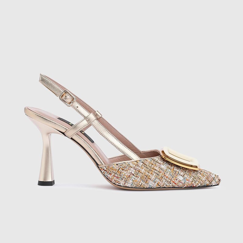 Thumbnail of Jutta Gold Tweed Leather Women's Heeled Sandal image