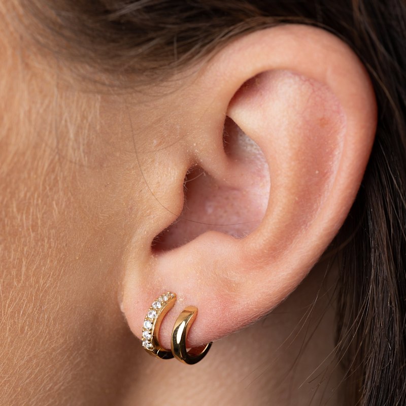 Thumbnail of Gold Illusion Double Huggie Earrings With Clear Stones image
