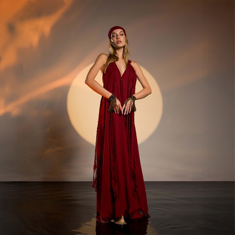 fitted lace wedding dress Raspberry Red Velvet 1970s Maxi Dress with Fringe – The Boho Depot main image 1