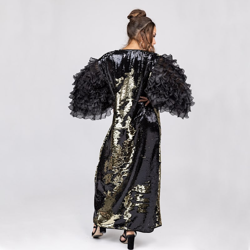 Harlow - Black And Gold Ombre Sequin Maxi Robe With Black Chiffon Frill  Sleeves | Harlow Loves Daisy | Wolf & Badger