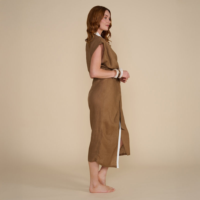 Thumbnail of Kaia - Luxe Linen Wrap Dress - Cognac image