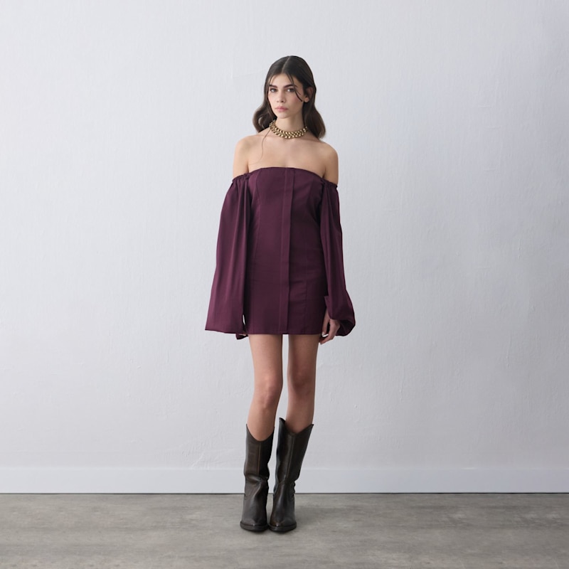 Thumbnail of Kaia Balloon Sleeve Mini Dress - Plum image