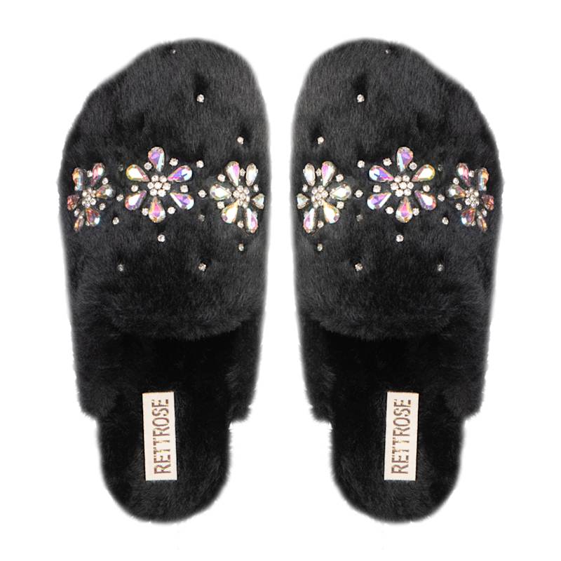 Thumbnail of Kamila Black Luxury Plush Diamanté Embellished Handmade Slipper image