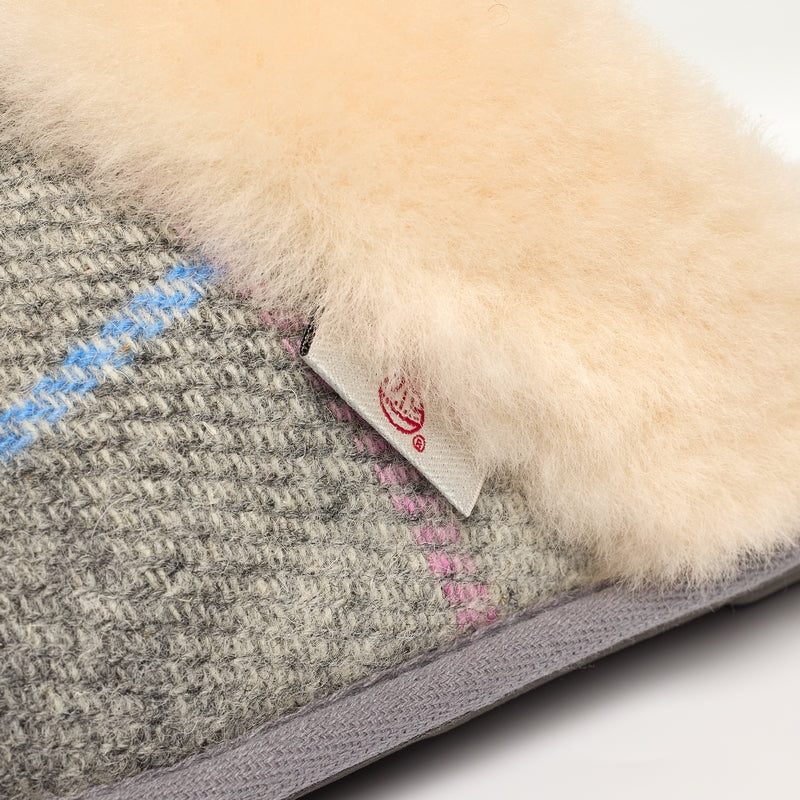 Thumbnail of Kate - Harris Tweed Sheepskin Lined Mule Slippers - Grey / Pink Check image