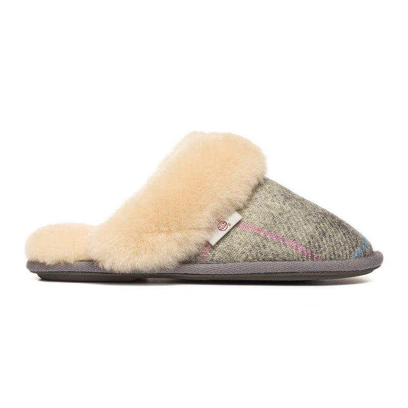 Thumbnail of Kate - Harris Tweed Sheepskin Lined Mule Slippers - Grey / Pink Check image