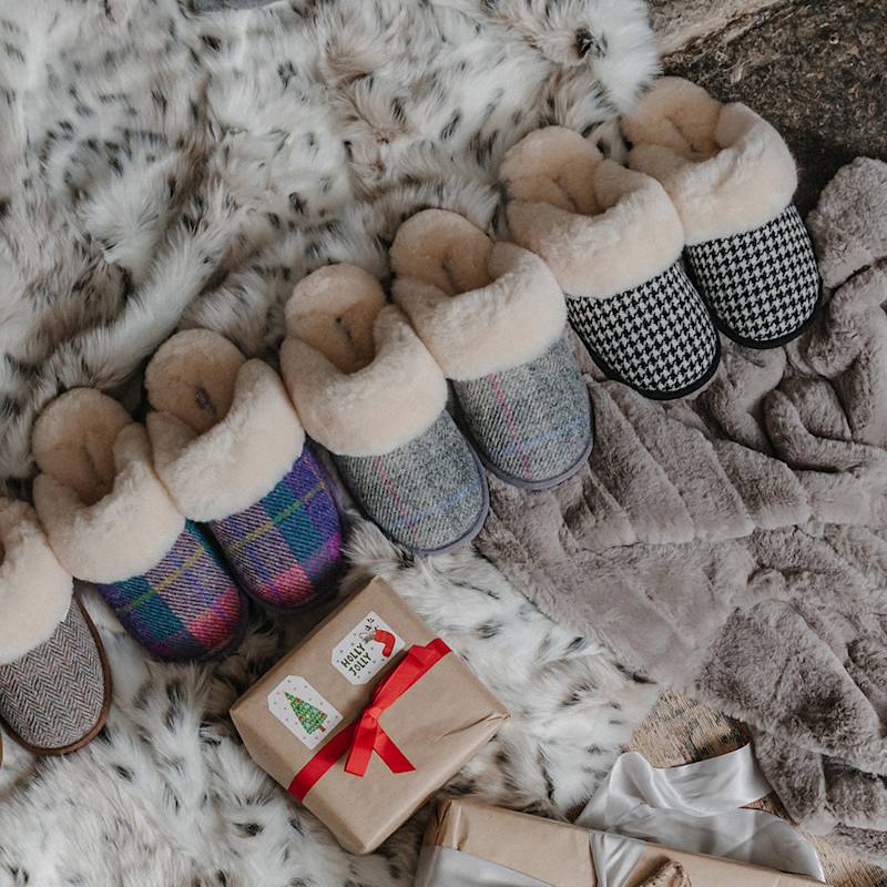 Thumbnail of Kate - Harris Tweed Sheepskin Lined Mule Slippers - Grey / Pink Check image