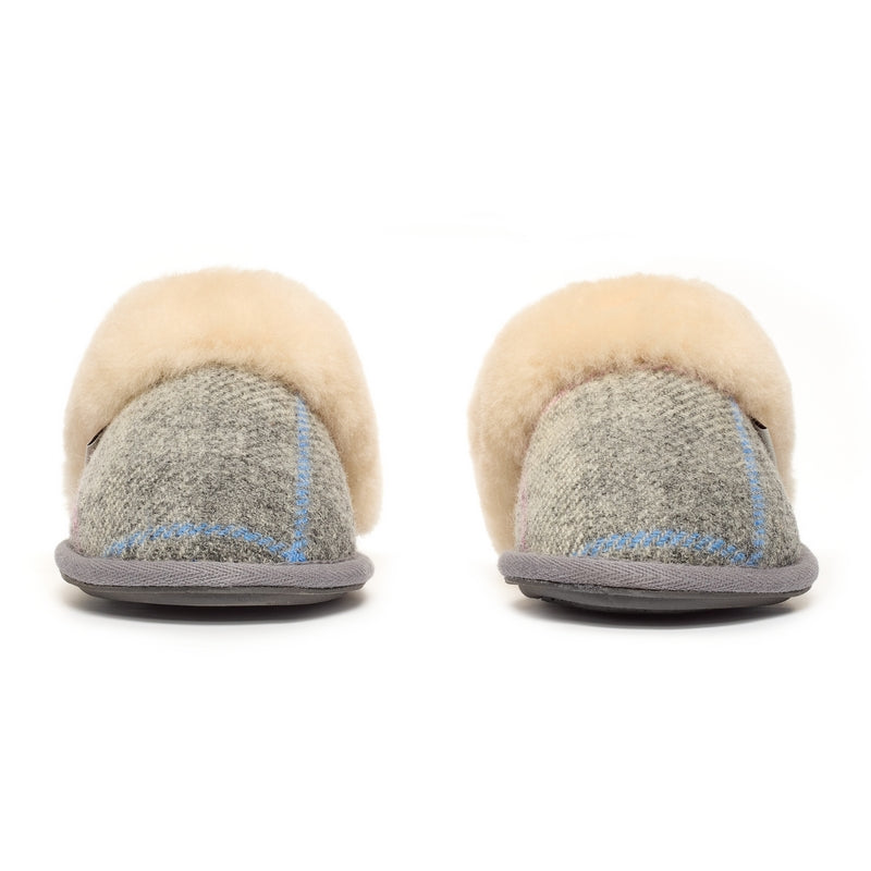 Thumbnail of Kate - Harris Tweed Sheepskin Lined Mule Slippers - Grey / Pink Check image