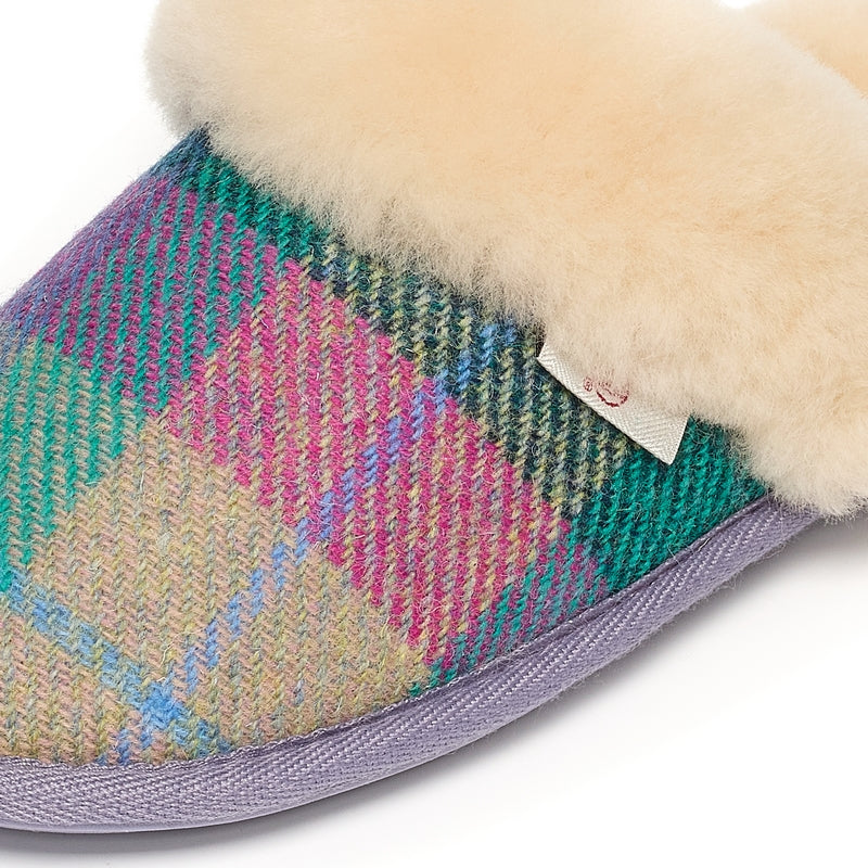 Thumbnail of Kate - Harris Tweed Sheepskin Lined Mule Slippers - Lilac / Blue Check image