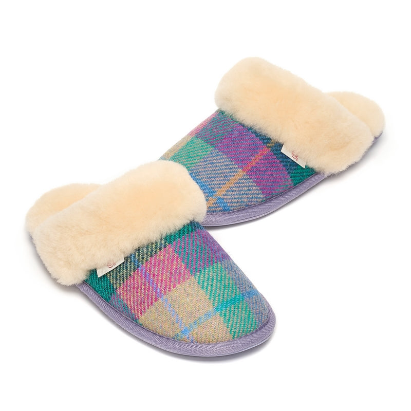 Thumbnail of Kate - Harris Tweed Sheepskin Lined Mule Slippers - Lilac / Blue Check image