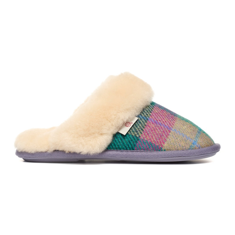 Thumbnail of Kate - Harris Tweed Sheepskin Lined Mule Slippers - Lilac / Blue Check image