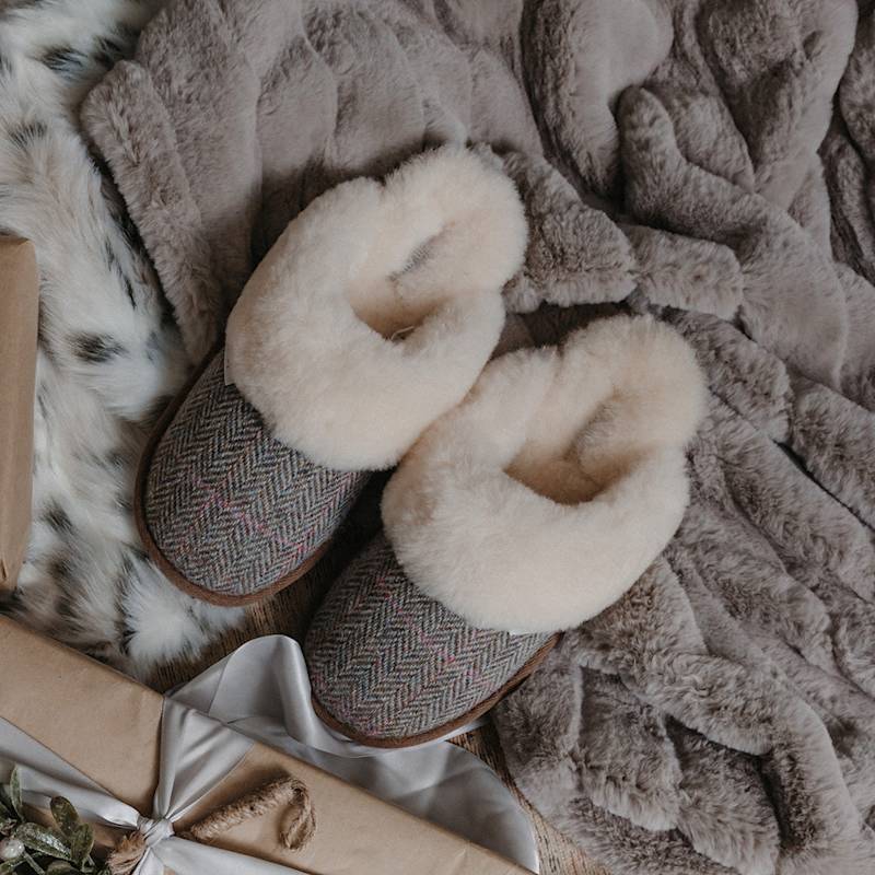 Thumbnail of Kate - Harris Tweed Sheepskin Lined Mule Slippers - Oat / Pink Pow Check image