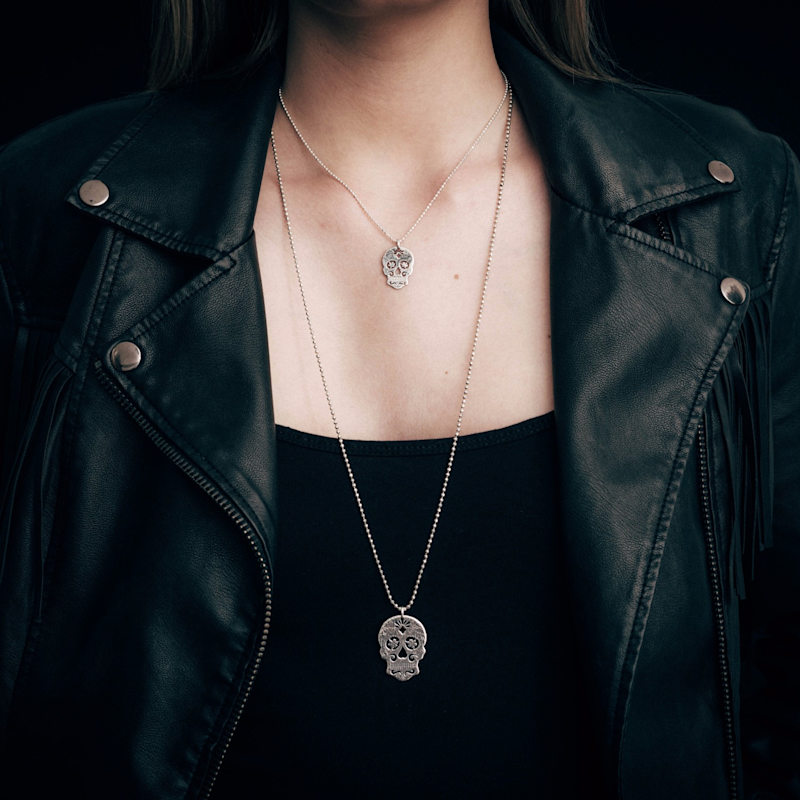 Thumbnail of Large Silver Sugar Skull With Flower Eyes Pendant Necklace image