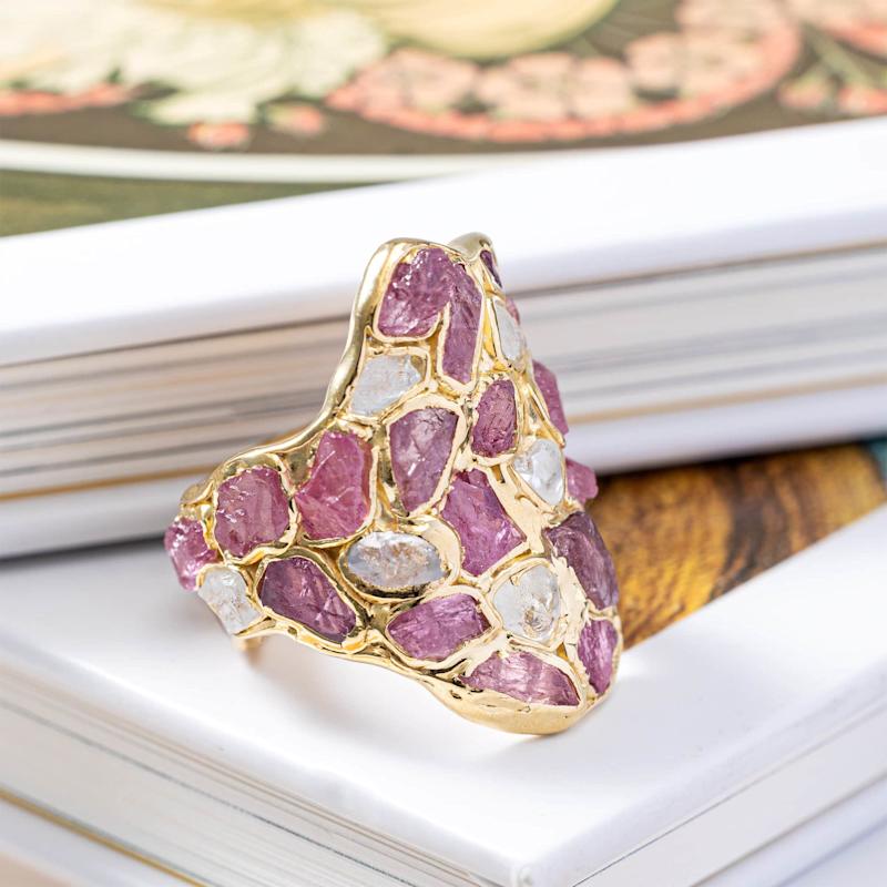 Thumbnail of Kelea Handcrafted Gold Plated Silver Ring With Natural Raw White Zircon And Ruby image