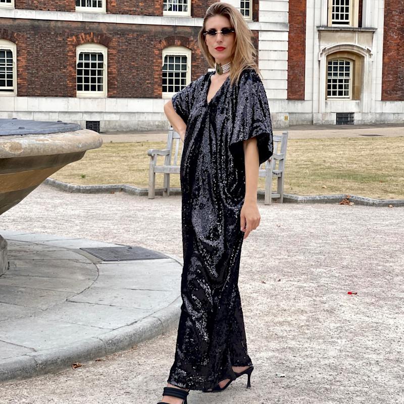 Thumbnail of Black Sequin Palazzo Jumpsuit With Satin Lining & Detachable Belt image