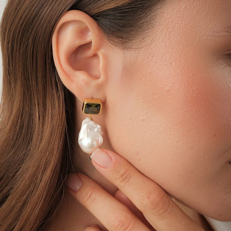 Thumbnail of Khaki Green Crystal Stone Baroque Pearl Dangle Earrings image