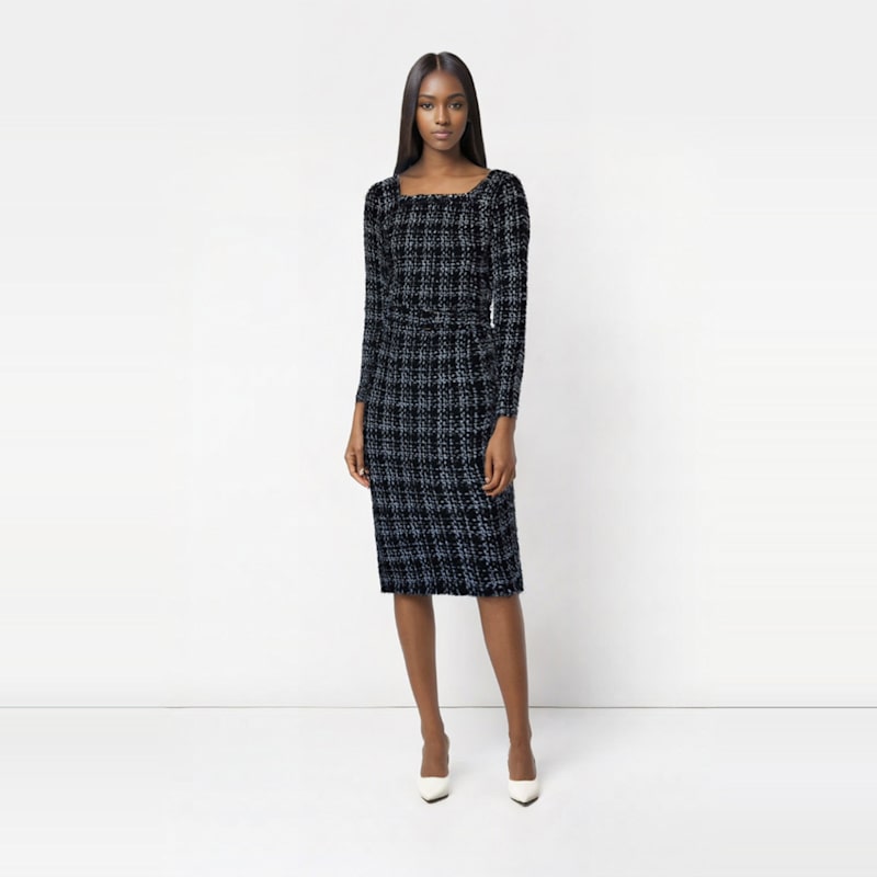 Kim Checked Metallic Tweed Pencil Midi Dress With Belt