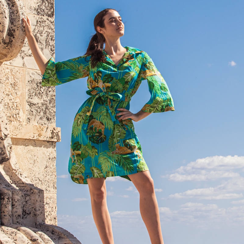 Pick Happy Animal Print Kimono Dress - Green/blue