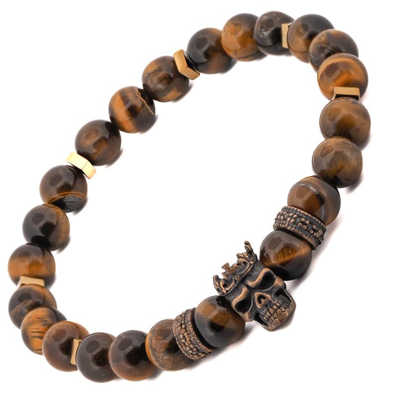 Thumbnail of King Skull Tiger's Eye Stone Beaded Bracelet - Brown image