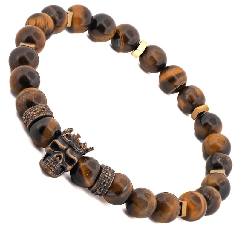 Thumbnail of King Skull Tiger's Eye Stone Beaded Bracelet - Brown image