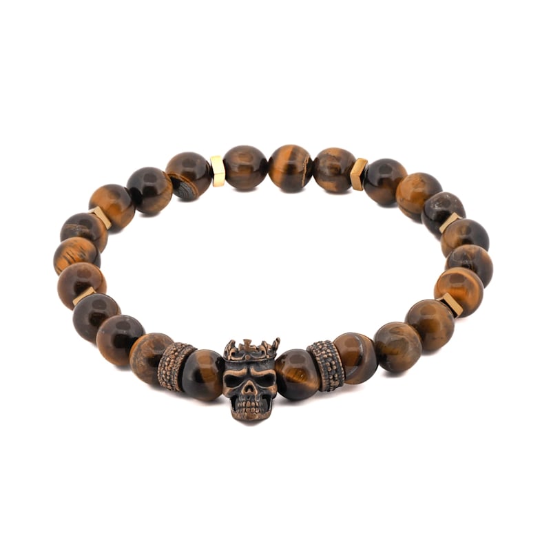 Thumbnail of King Skull Tiger's Eye Stone Beaded Bracelet - Brown image