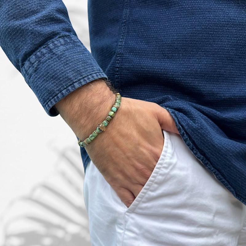 Thumbnail of King Skull Turquoise Stone Good Fortune Beaded Bracelet - Green image