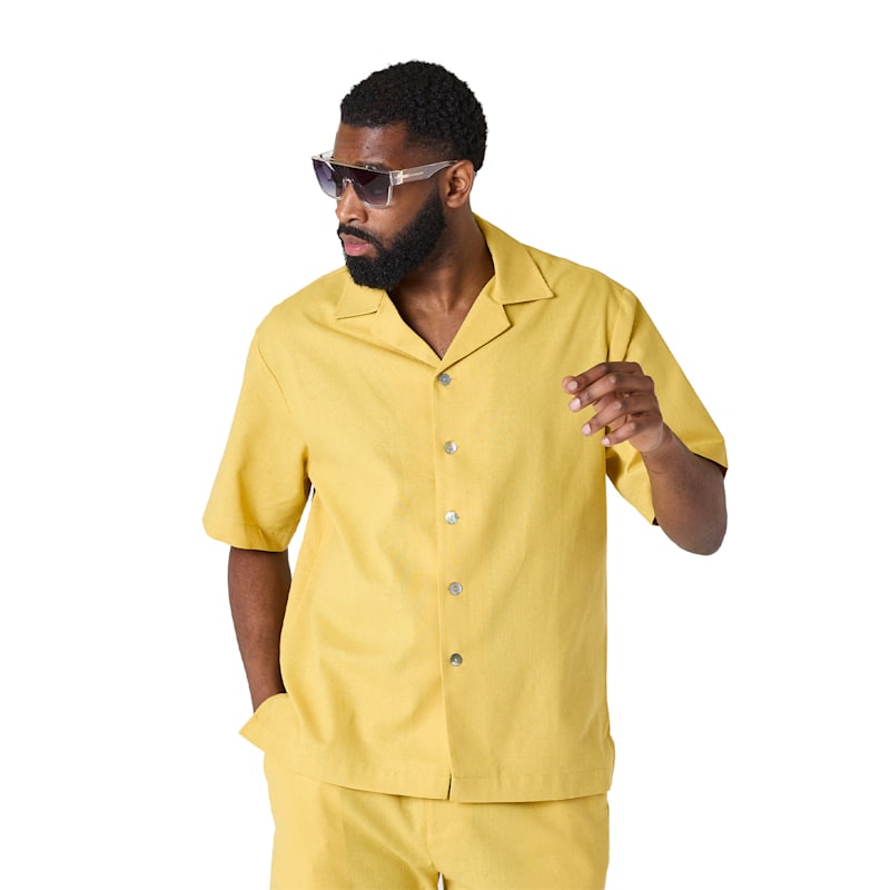 short sleeve mustard dress shirt Paneled Short Sleeve Shirt in Mustard