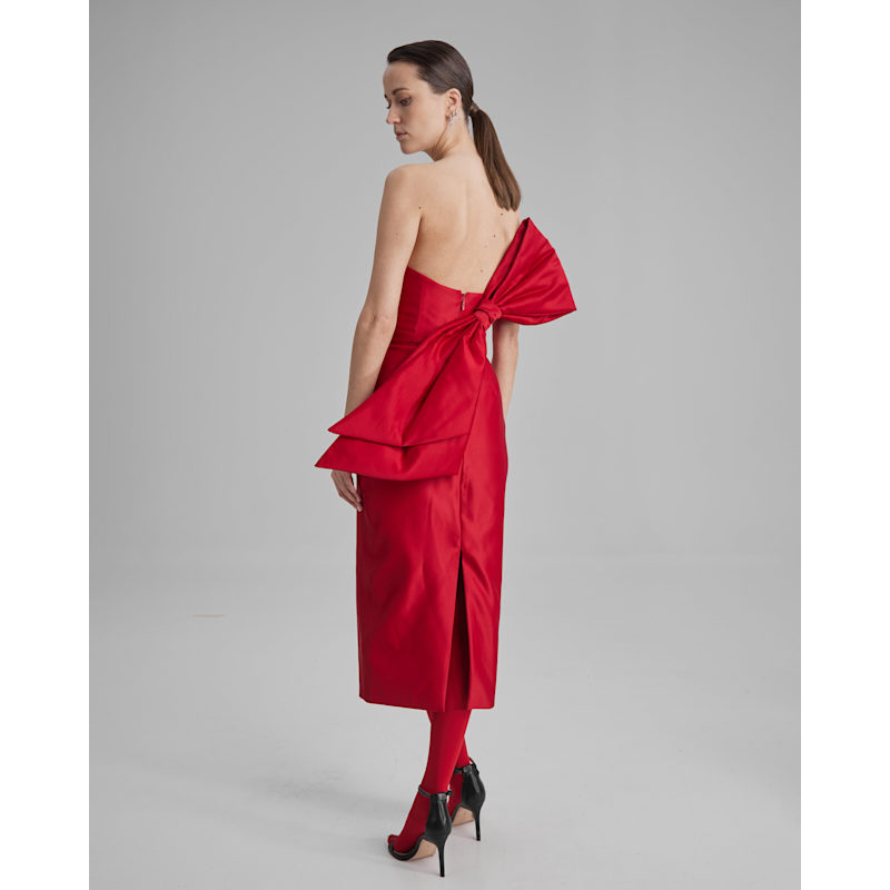 Kira Dress Side Bow Strapless Pencil Midi In Red BAÉ Special